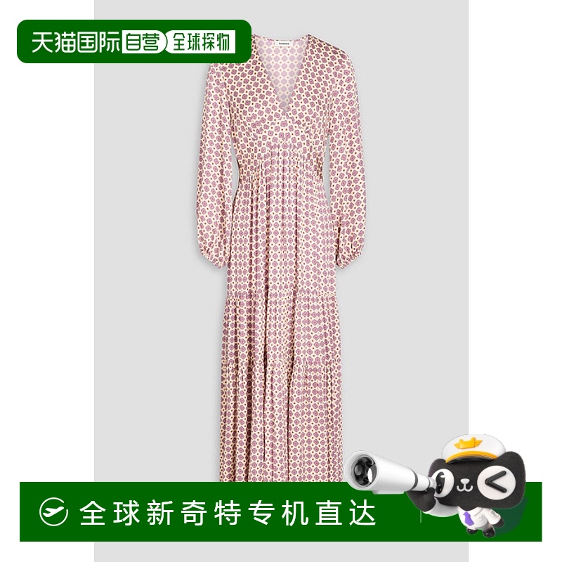 1h可退 香港直邮潮奢 Sandro 女士 层叠印花缎面长款连衣裙 SFPRO