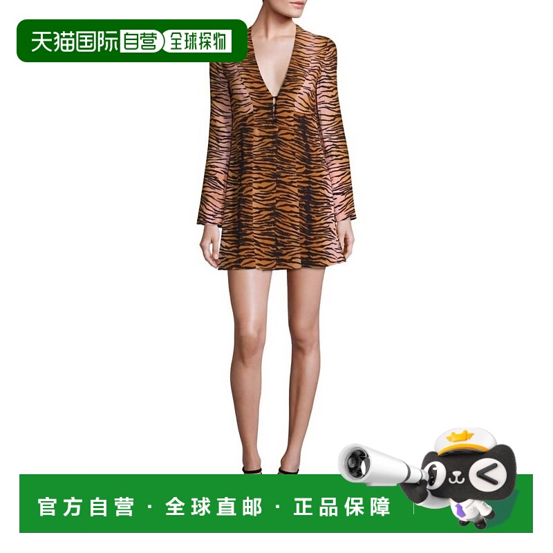 自营 a.l.c.Brinkley Tiger印花V领合身喇叭形迷你连衣裙，棕色