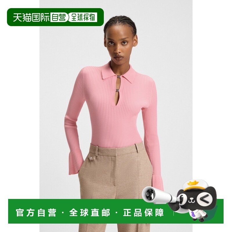 自营欧洲直邮Hugo Boss 女士浅粉色粘胶纤维金属 logo长袖Polo衫,女装/女士精品,POLO衫,淘宝优惠券,粉丝福利购,淘宝优惠卷