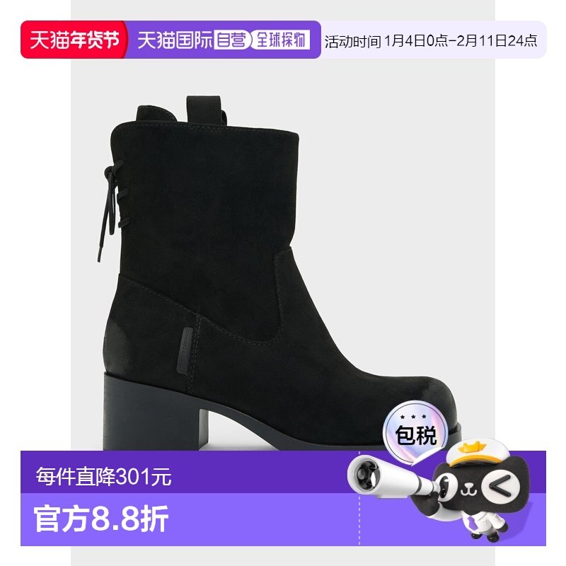 日本直邮CHARLES&KEITH 小ck 织物 冬新复古擦色圆头粗跟西部靴,女鞋,时装靴,淘宝优惠券,粉丝福利购,淘宝优惠卷