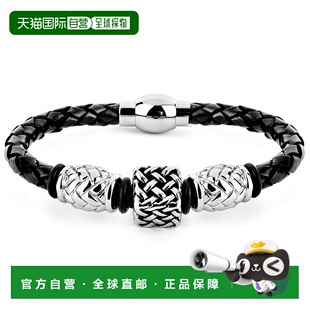 自营 Crucible Los Angeles 不锈钢方形串珠黑色编织皮革手链(12