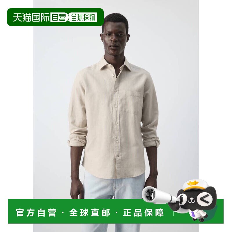 自营欧洲直邮MANGO 男士米色亚麻棉质常规版型长袖衬衫