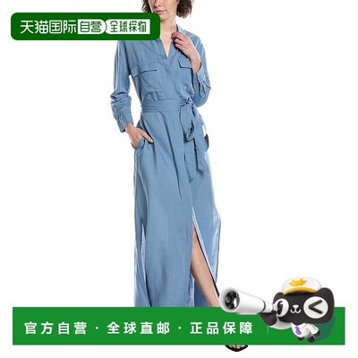 自营L'AGENCE Cameron长亚麻混纺衬衫连衣裙-蓝色 美国奥莱直发