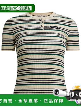 1h可退 香港直邮潮奢 Miu Miu 缪缪 女士 serafino 条纹带LogoT恤