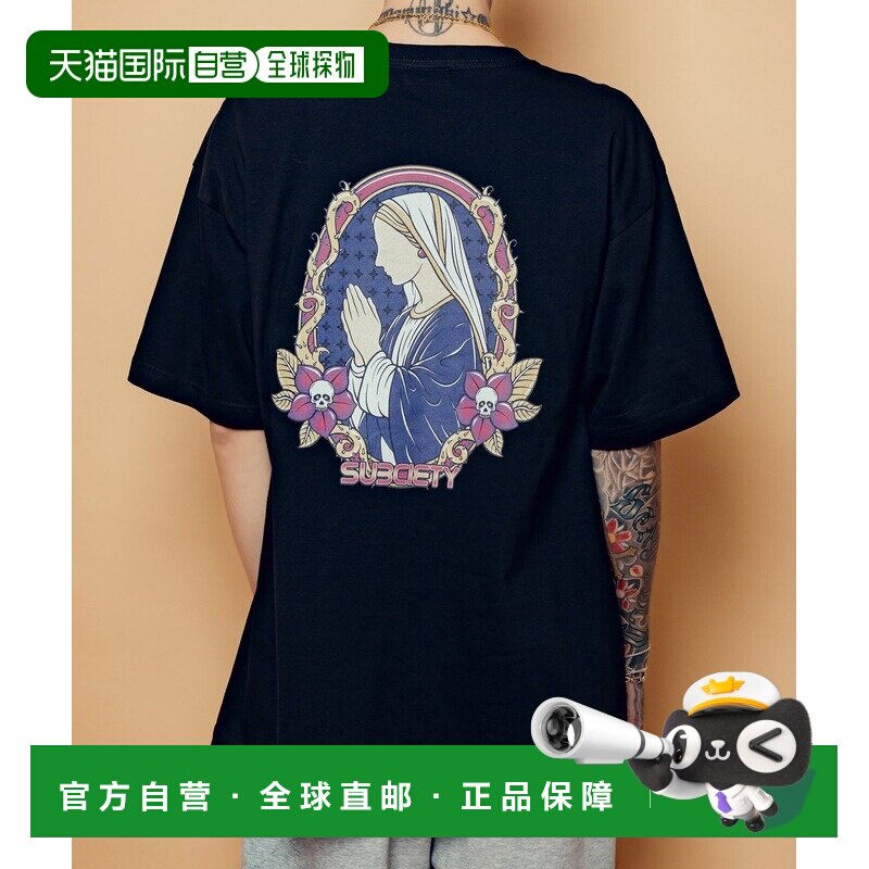 1h可退 日本直邮Subciety 男女同款 宽松T恤 荆棘骷髅花图形印花