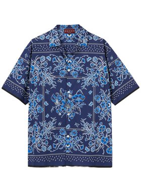 GUCCI 男士衬衫 794907Z7ARC4023 SS2025 蓝色 印花棉府绸衬衫