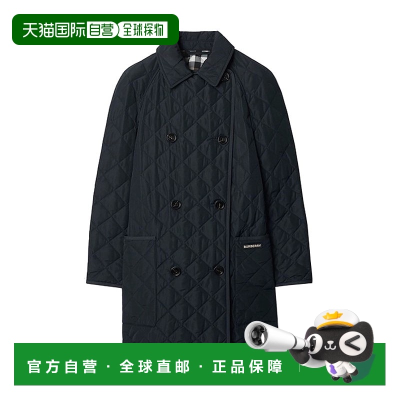 自营欧洲直邮BURBERRY博柏利 女士海军黑聚酯制Logo标贴翻领双排