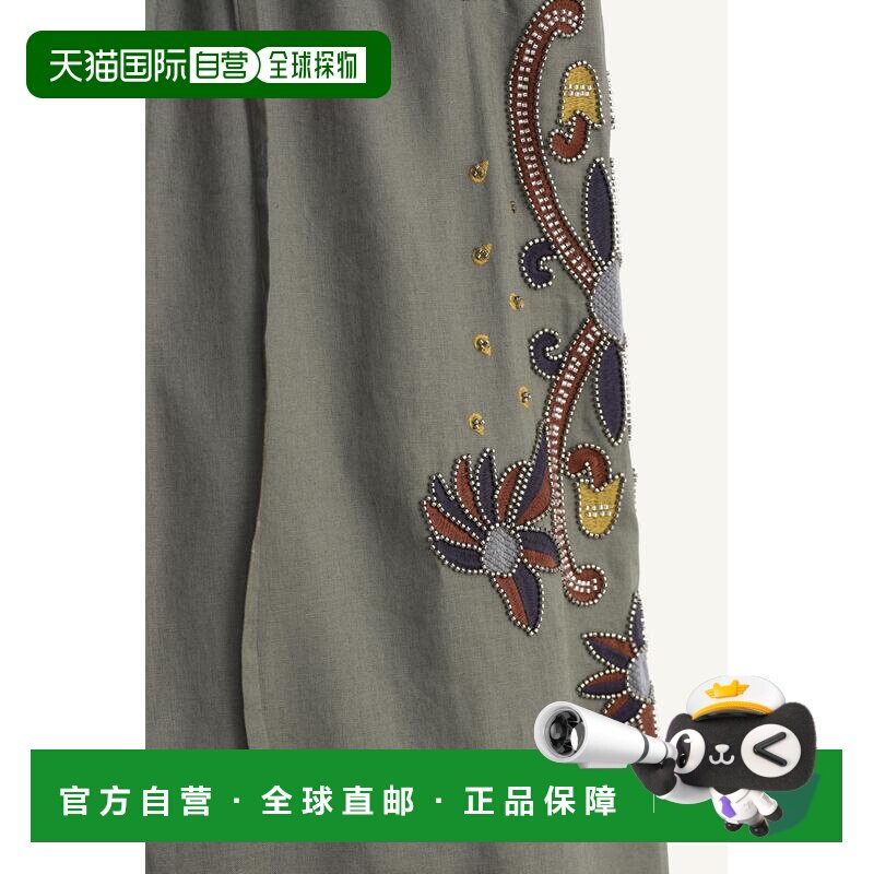 日本直邮Zara带有对比刺绣的亚麻/棉质裤子休闲裤阔腿裤