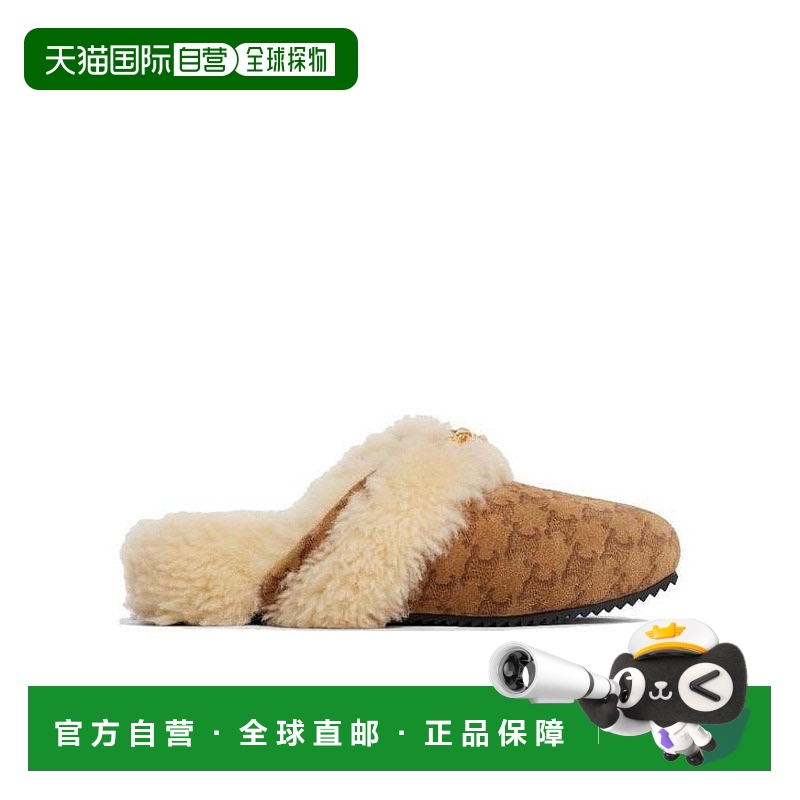 香港直邮Celine FUR SLIDES TRIOMPHE 牛皮绒面革和羊剪绒包头拖