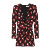 哑光和闪亮花卉桑蚕丝深V领连衣裙 Saint Laurent 701248Y6E71