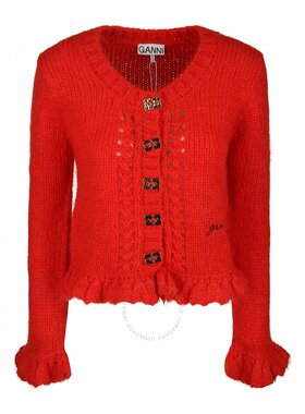 Ganni 女士赛车红色马海毛蝴蝶纽扣开衫 K1919-474