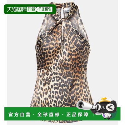 1h可退 香港直邮GANNI 甘尼 女士 豹纹挂脖缎面上衣 brown棕色 舒