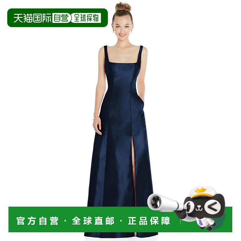 自营alfred sung无袖方领公主线礼服，带口袋 - 午夜海军蓝 美国图片