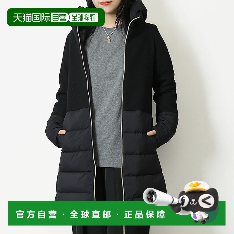日本直邮HERNO 女士中长款 A 字型连帽羽绒服/羊毛尼龙外套（黑色