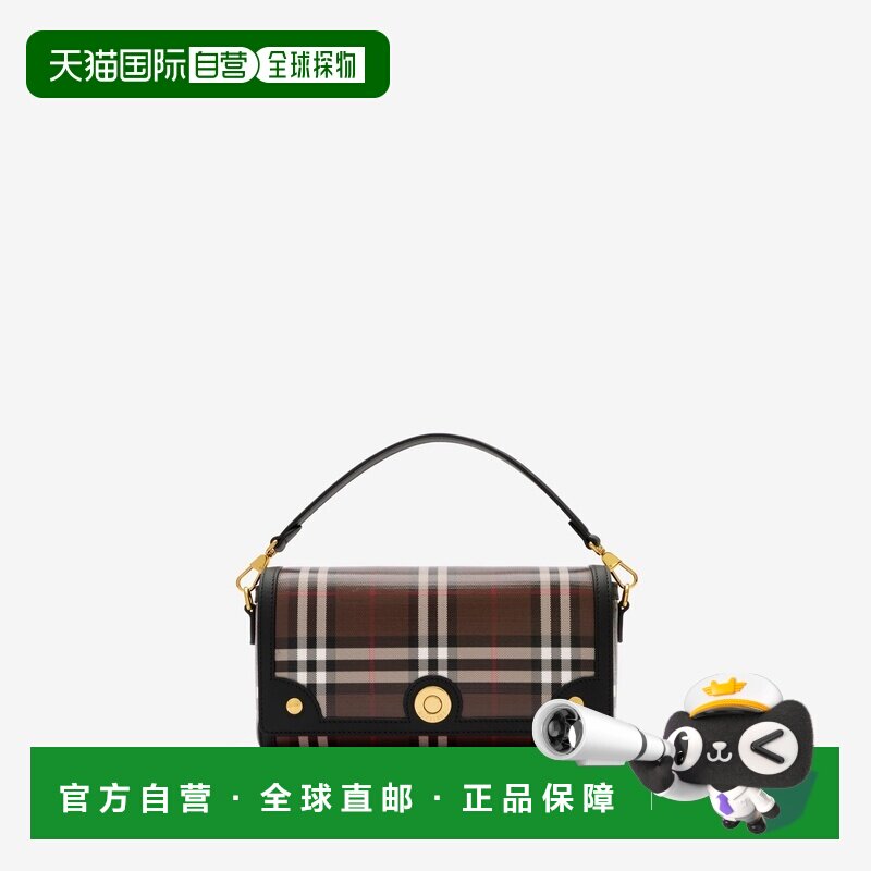 自营欧洲直邮Burberry博柏利 Note女士巧克力棕棉质格纹手提包