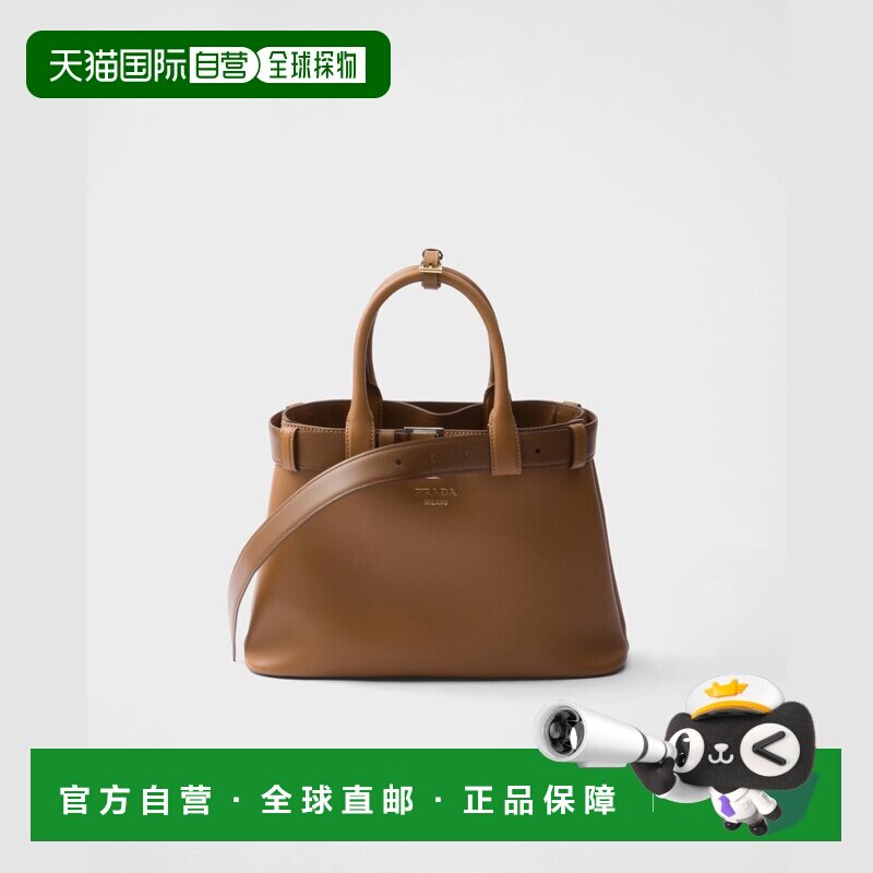 自营欧洲直邮Prada普拉达 Buckle系列女士焦糖色小牛皮压印字母标