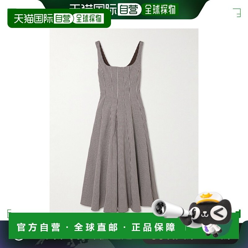1h可退 香港直邮潮奢 Staud 女士 Wells 褶裥方格棉布府绸中长连