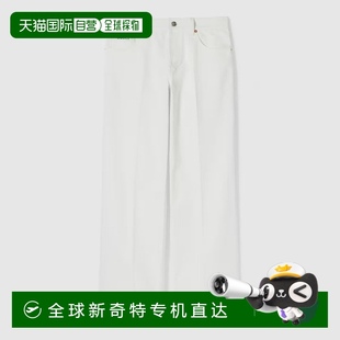 歐洲直郵Gucci 女士白色棉logo標(biāo)識鎖邊開衩下擺直筒牛仔褲 古馳