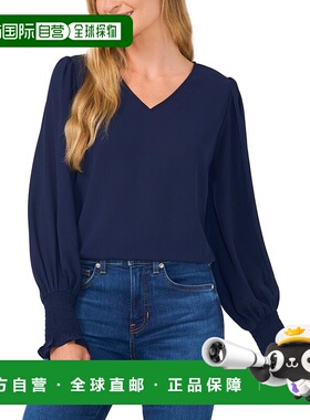 自营 Cece Top女式蓝色烟熏泡泡袖V领衬衫Preppy Modest ERK1313-
