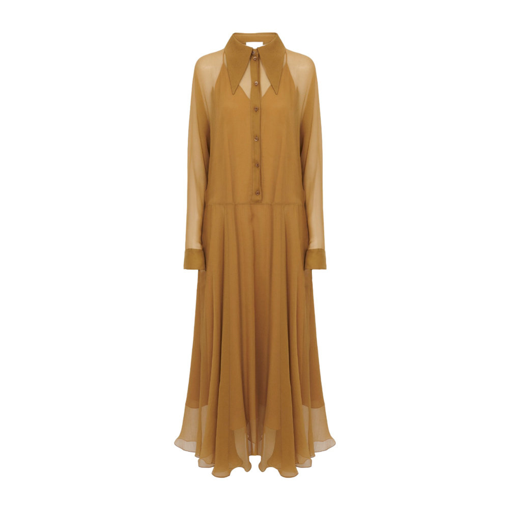 CHLOÉ 女士连衣裙 C24ARO0300138H AW2024 咖啡色 薄纱长衬衫裙