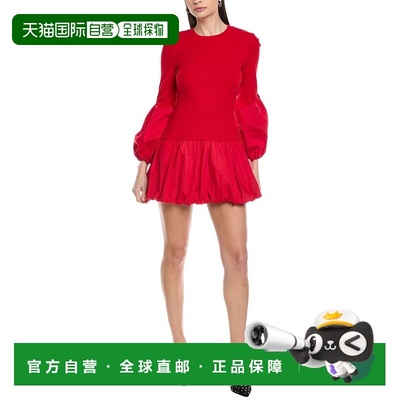 自营CeCe Mix Media Balloon Rib Knit Dress - red 美国奥莱直发