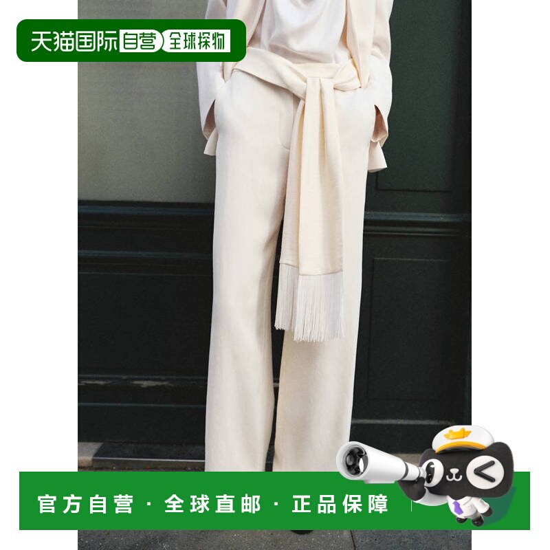 自营欧洲直邮MANGO 女士米白色聚酯纤维粘胶纤维直筒腰带长裤女装