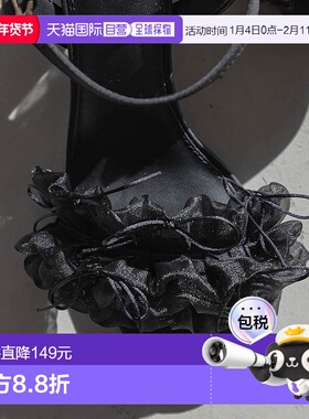 日本直邮Randa 迷你缎带荷叶边高跟凉鞋 RA041BW016141 黑色单鞋