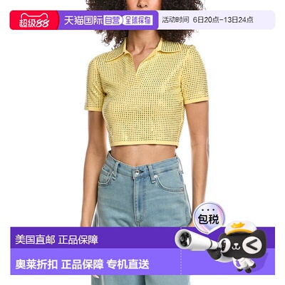 自营Sandro Rhinestone Crop Polo Shirt - yellow 美国奥莱直发