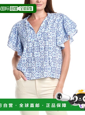 自营 sail to sable水手至貂色褶边袖亚麻混纺上衣-蓝色 美国奥莱