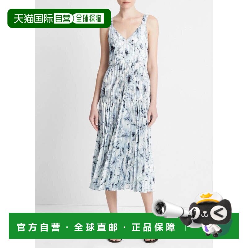 自营Vince水洗Lilly滑裙女白色碎花褶v领FROG351-白色 美国奥莱直