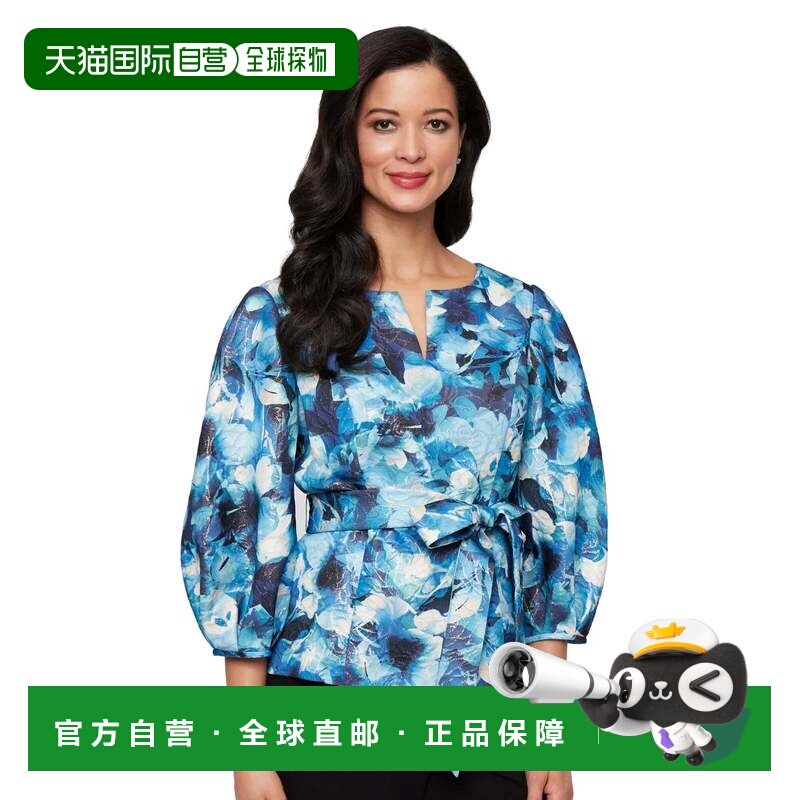 自营alex eveningsAlex晚装上衣女式蓝色多花领带腰部3/4袖衬衫PA图片