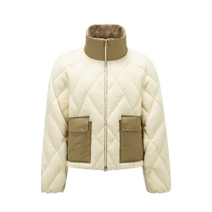 蒙克莱23新款 Moncler 女米色绿色拼接毛圈布尼龙立领羽绒服