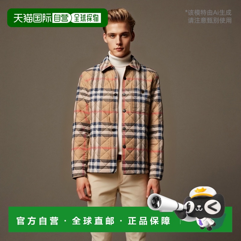 自营欧洲直邮BURBERRY博柏利 男士灰褐色棉质网格纹长排扣棉服情