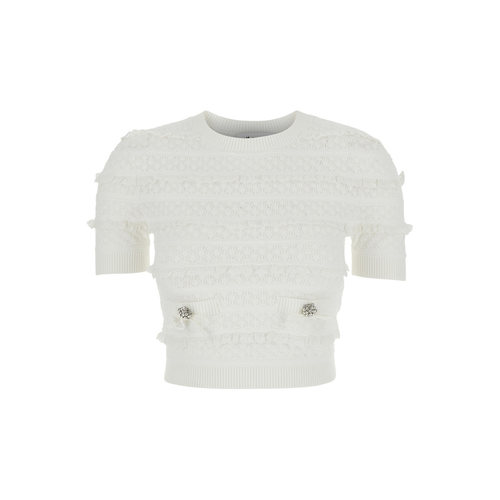 香港直邮Self-Portrait 女士 'WHITE KNIT' 网眼提花短袖上衣(白)