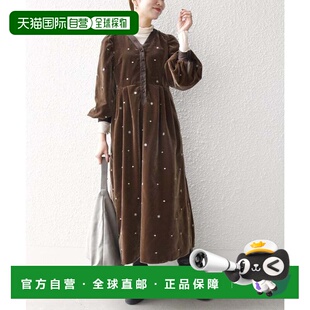 日本直邮连衣裙 棕色 可手洗 聚酯纤维 天鹅绒刺绣褶边喇叭裙