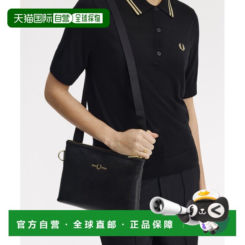 日本直邮FRED PERRY 男女同款光滑皮革斜挎包 黑色金链拉链 L2801