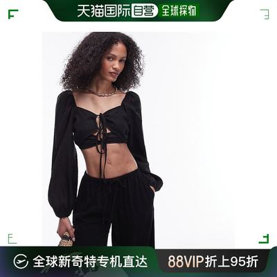 香港直邮潮奢 Topshop 女士 褶皱剪口膨起袖上衣(黑色)