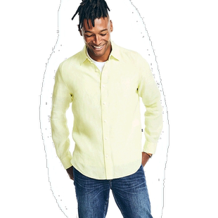 自营 Nautica 男式可持续制作亚麻衬衫 - 代基里绿色 美国奥莱直