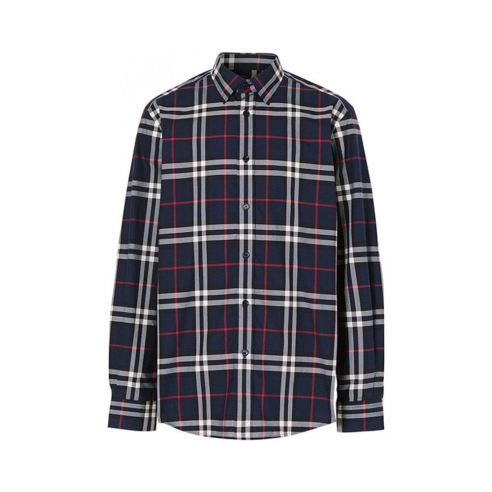 burberry/博柏利 男士海军蓝棉质红条中格纹经典款衬衫