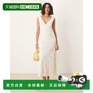 1h可退 香港直邮潮奢 ASOS 女士 设计蕾丝V领褶边下摆中长连衣裙(