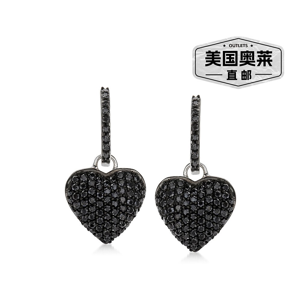 自营Ross-Simons 925 纯银黑色尖晶石心形吊式耳环 - 黑色 美国奥