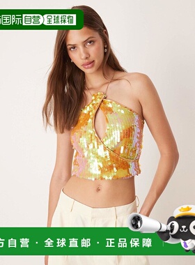 1h可退 香港直邮潮奢 ASOS 女士 设计全珠片挂脖剪口橙色上衣