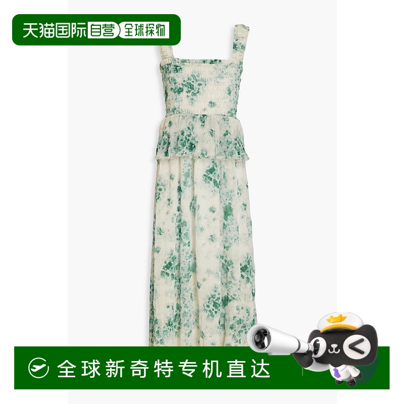 1h可退 香港直邮GANNI 甘尼 女士 抽褶印花泡泡纱雪纺中长连衣裙