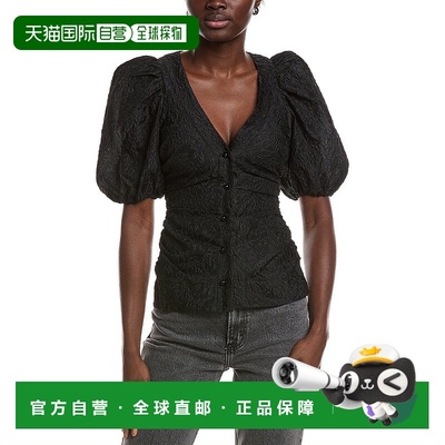 自营GANNI Jacquard Organza Gathered V-Neck Blouse - black 美