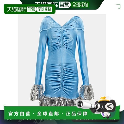 1h可退 香港直邮Rabanne 女士 精饰褶皱金银锦缎迷你连衣裙