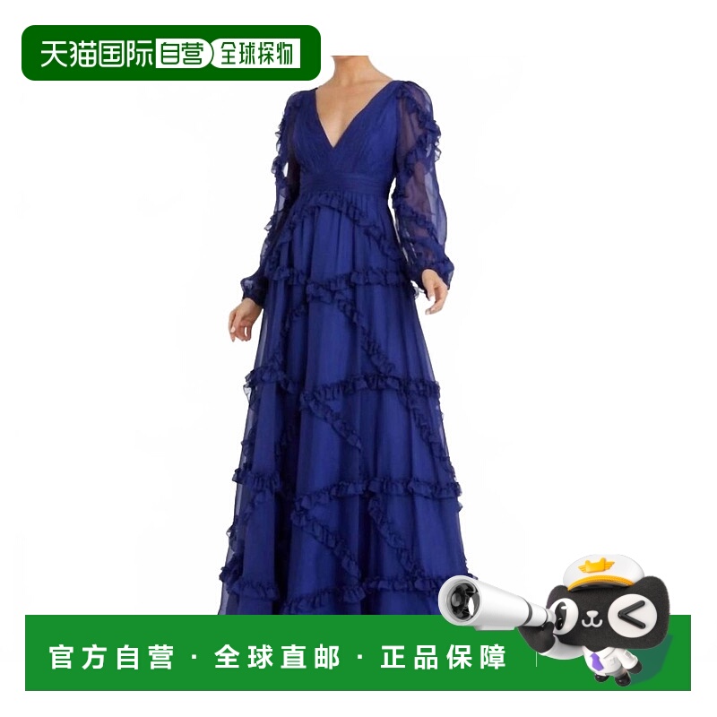 自营mac duggalRuffle A-Line Gown With Sheer Long Sleeves In