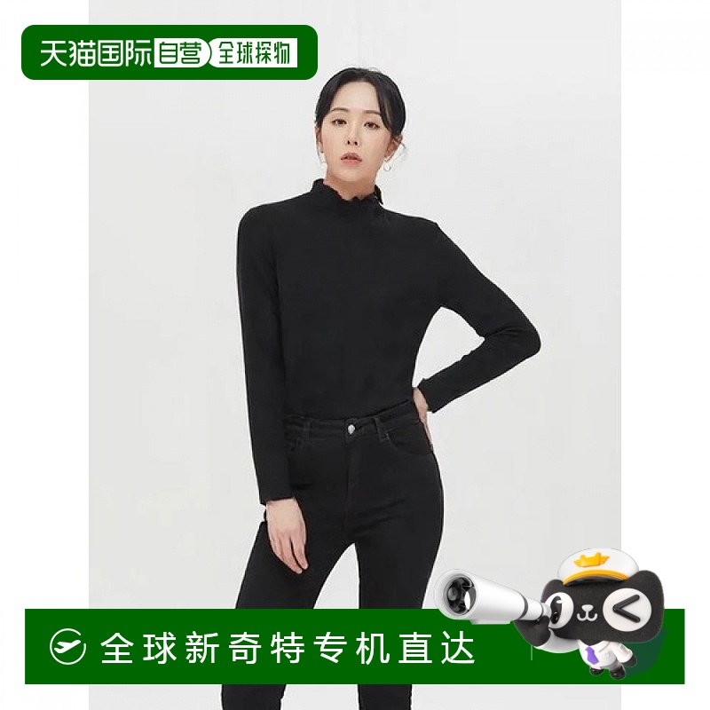 1h可退 韩国直邮샤트렌 黑色羊毛混纺荷叶领T恤 HCBSTS801