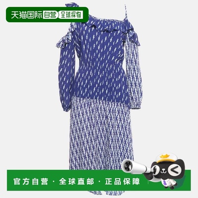 自营Sandro Blue Lightning Bolt Print Crepe Cold Shoulder Mid