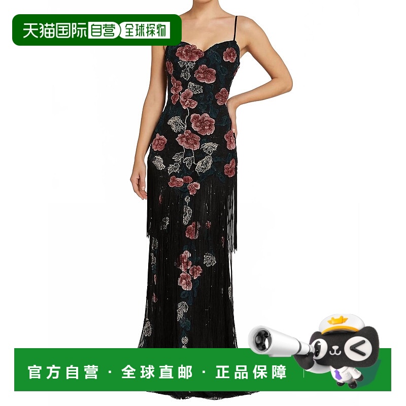 自营mac duggalFloral Embroidered Fringe Gown In Black Multi