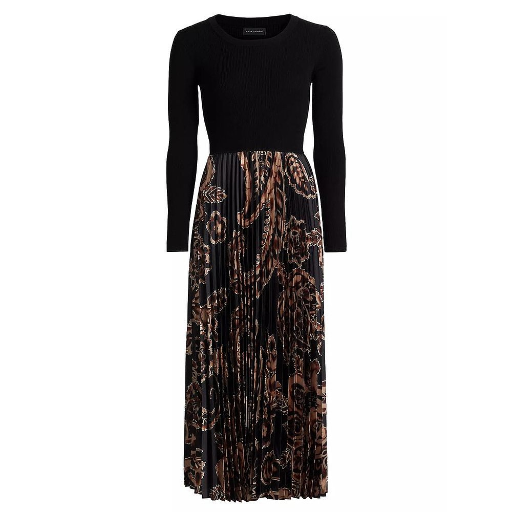 美国直邮Elie Tahari Mave佩斯利混合材质合身喇叭形中长连衣裙